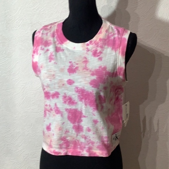Calvin Klein Jeans NEW - Sz S - tie dye sleeveless shirt pink white spotted - Picture 2 of 9